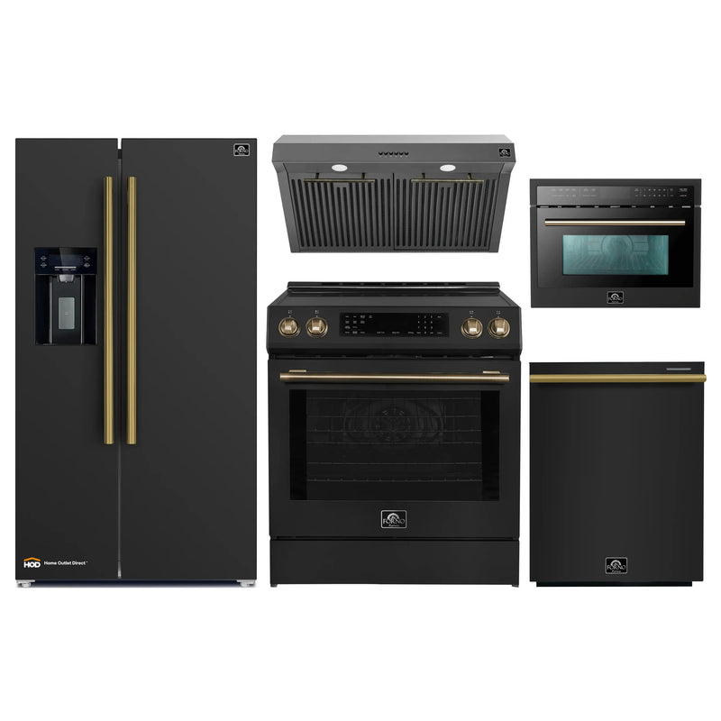 Forno 5-Piece Appliance Package - 30-Inch Inducton Range, Under Cabinet Range Hood, Refrigerator with Water Dispenser, Dishwasher, and 24-Inch Microwave Oven in Black with Antique Brass Trim