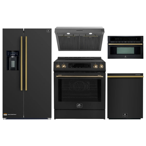 Forno 5-Piece Appliance Package - 30-Inch Induction Range, Under Cabinet Range Hood, Refrigerator with Water Dispenser, Dishwasher, and 30-Inch Microwave Oven in Black with Antique Brass Trim
