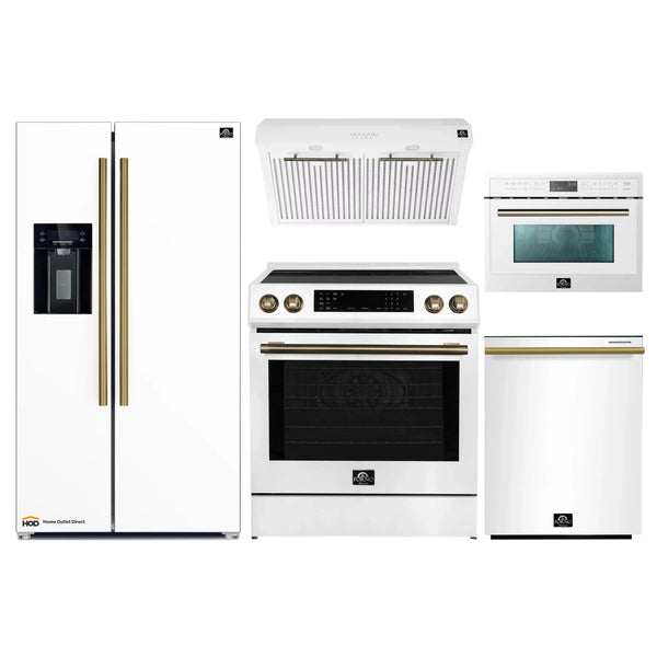 Forno 5-Piece Appliance Package - 30-Inch Inducton Range, Under Cabinet Range Hood, Refrigerator with Water Dispenser, Dishwasher, and 24-Inch Microwave Oven in White with Antique Brass Trim