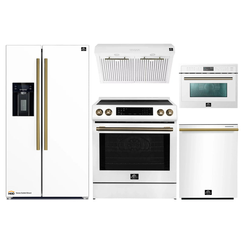 Forno 5-Piece Appliance Package - 30-Inch Inducton Range, Under Cabinet Range Hood, Refrigerator with Water Dispenser, Dishwasher, and 24-Inch Microwave Oven in White with Antique Brass Trim