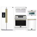 Forno 5-Piece Appliance Package - 30-Inch Induction Range, Under Cabinet Range Hood, Refrigerator with Water Dispenser, Dishwasher, and 30-Inch Microwave Oven in White with Antique Brass Trim