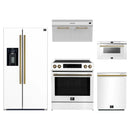 Forno 5-Piece Appliance Package - 30-Inch Induction Range, Under Cabinet Range Hood, Refrigerator with Water Dispenser, Dishwasher, and  Microwave Drawer in White with Antique Brass Trim