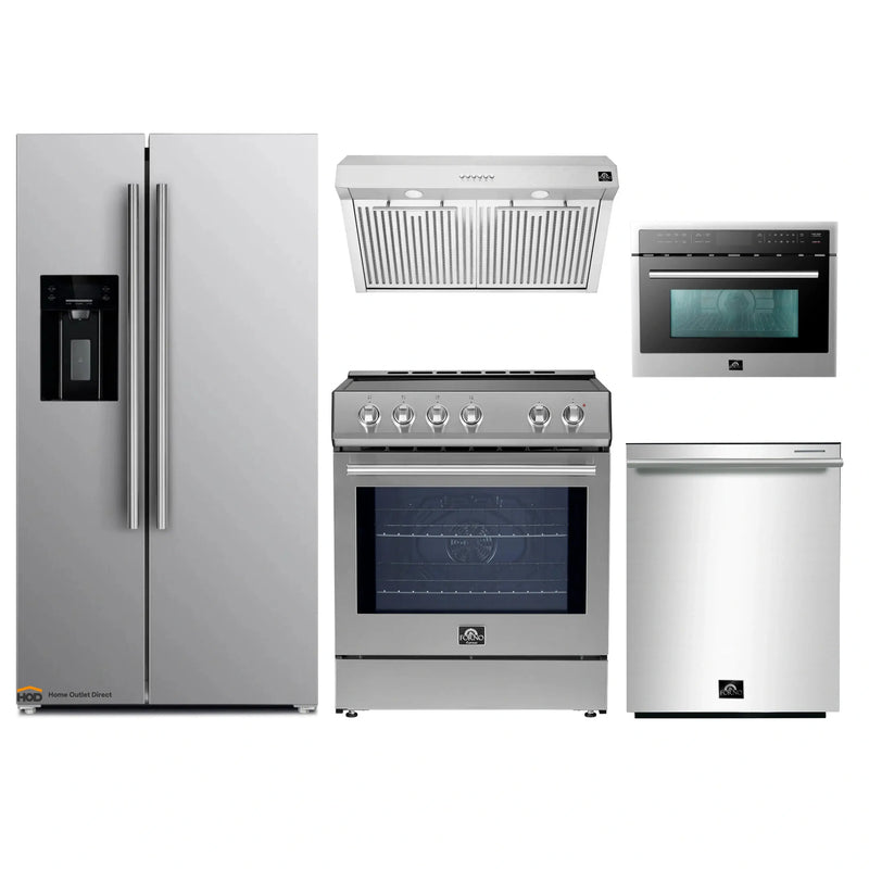 Forno 5-Piece Appliance Package - 30-Inch Inducton Range, Under Cabinet Range Hood, Refrigerator with Water Dispenser, Dishwasher, and 24-Inch Microwave Oven in Stainless Steel