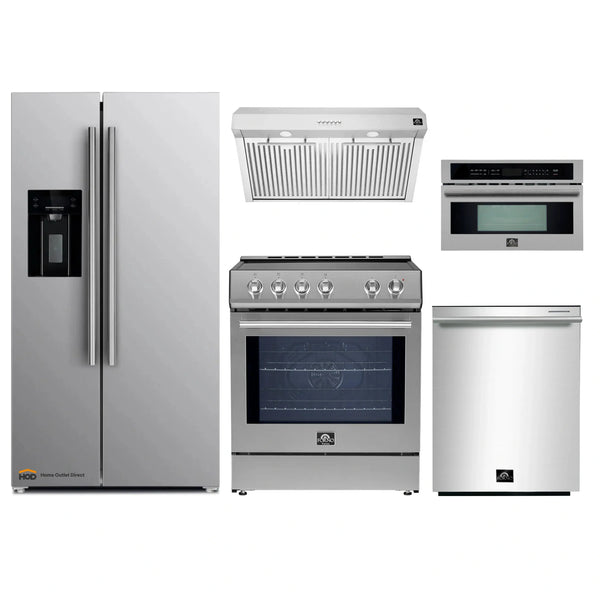 Forno 5-Piece Appliance Package - 30-Inch Induction Range, Under Cabinet Range Hood, Refrigerator with Water Dispenser, Dishwasher, and 30-Inch Microwave Oven in Stainless Steel