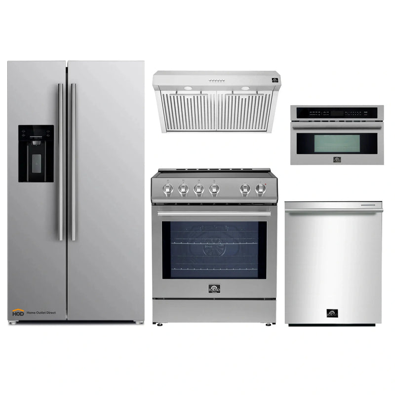 Forno 5-Piece Appliance Package - 30-Inch Induction Range, Under Cabinet Range Hood, Refrigerator with Water Dispenser, Dishwasher, and 30-Inch Microwave Oven in Stainless Steel