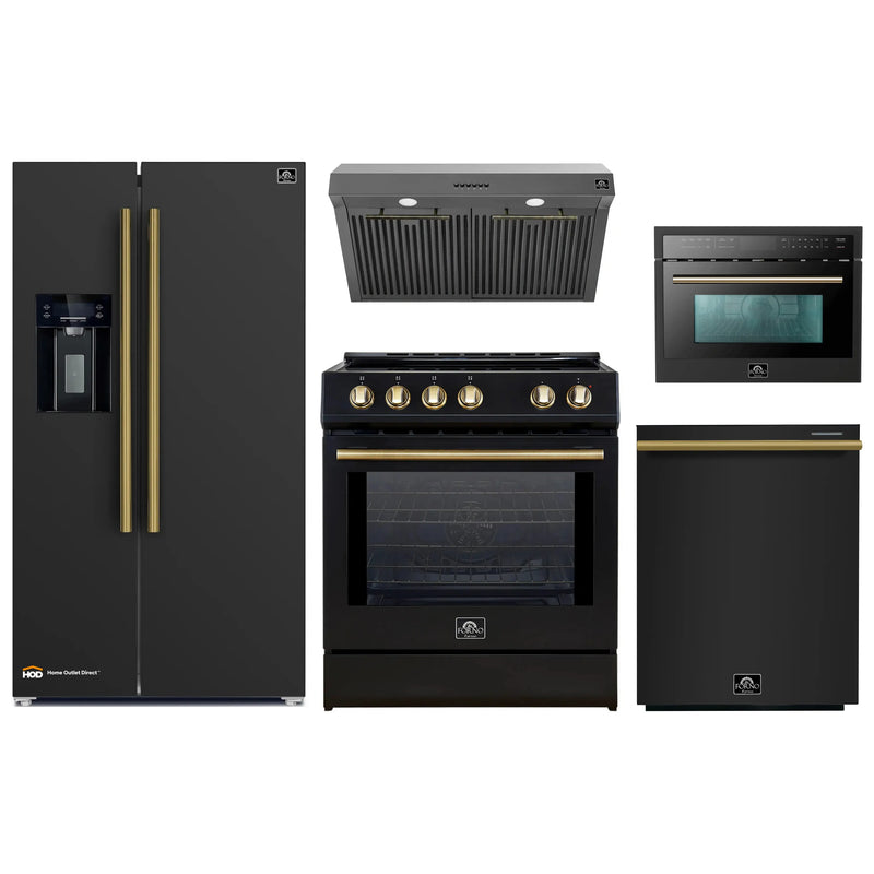 Forno 5-Piece Appliance Package - 30-Inch Inducton Range, Under Cabinet Range Hood, Refrigerator with Water Dispenser, Dishwasher, and  24-Inch Microwave Oven in Black with Antique Brass Trim
