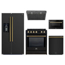 Forno 5-Piece Appliance Package - 30-Inch Induction Range, Under Cabinet Range Hood,  French Door Refrigerator with Water Dispenser, Dishwasher, and  Microwave Drawer in Black with Antique Brass Trim