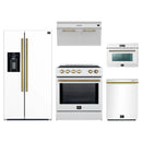 Forno 5-Piece Appliance Package - 30-Inch Inducton Range, Under Cabinet Range Hood, Refrigerator with Water Dispenser, Dishwasher, and  24-Inch Microwave Oven in White with Antique Brass Trim