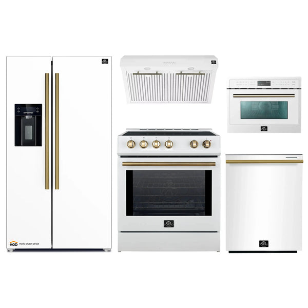 Forno 5-Piece Appliance Package - 30-Inch Inducton Range, Under Cabinet Range Hood, Refrigerator with Water Dispenser, Dishwasher, and  24-Inch Microwave Oven in White with Antique Brass Trim