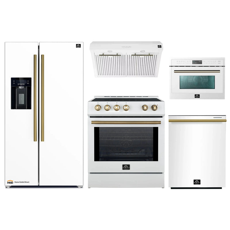 Forno 5-Piece Appliance Package - 30-Inch Inducton Range, Under Cabinet Range Hood, Refrigerator with Water Dispenser, Dishwasher, and  24-Inch Microwave Oven in White with Antique Brass Trim