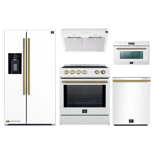 Forno 5-Piece Appliance Package - 30-Inch Induction Range, Under Cabinet Range Hood, Refrigerator with Water Dispenser, Dishwasher, and 30-Inch Microwave Oven in White with Antique Brass Trim