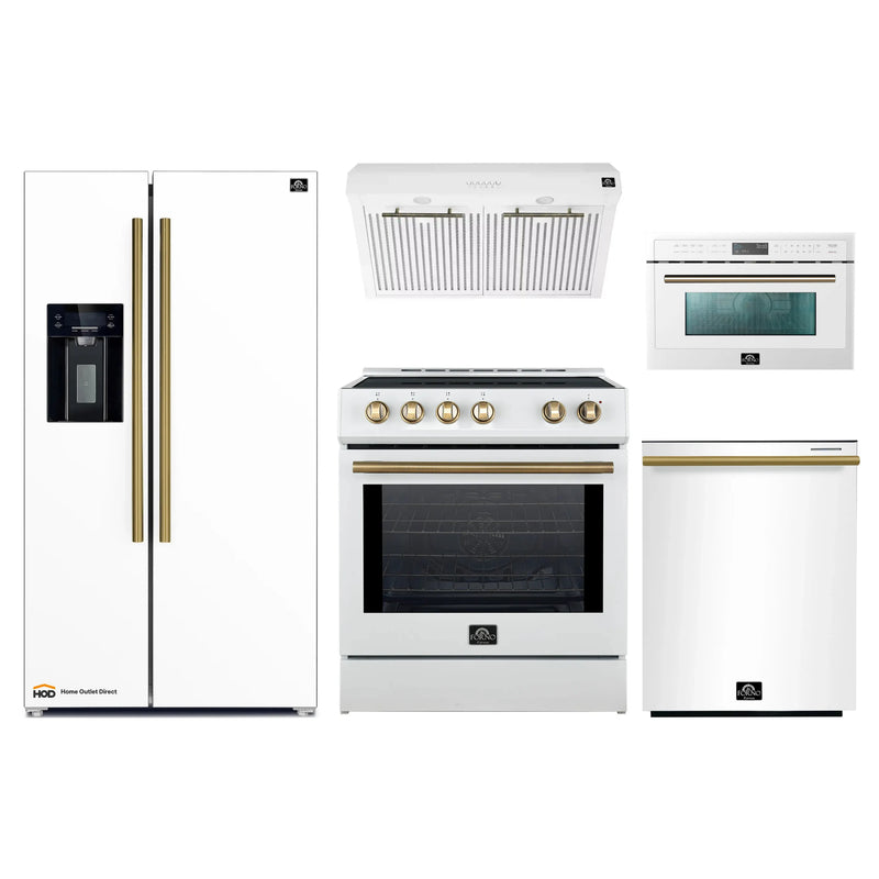Forno 5-Piece Appliance Package - 30-Inch Induction Range, Under Cabinet Range Hood, Refrigerator with Water Dispenser, Dishwasher, and 30-Inch Microwave Oven in White with Antique Brass Trim