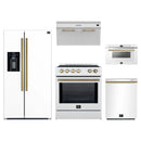 Forno 5-Piece Appliance Package - 30-Inch Induction Range, Under Cabinet Range Hood,  French Door Refrigerator with Water Dispenser, Dishwasher, and  Microwave Drawer in White with Antique Brass Trim