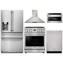 Thor Kitchen A-Series 5-Piece Appliance Package - 30-Inch Gas Range, Wall Mount Range Hood, Refrigerator with Water Dispenser, Dishwasher, and Microwave in Stainless Steel