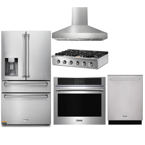 Thor Kitchen 5-Piece Pro Appliance Package - 36-Inch Rangetop with Liquid Propane Kit, Wall Oven, Pro-Style Wall Mount Hood, Dishwasher & Refrigerator with Water Dispenser in Stainless Steel