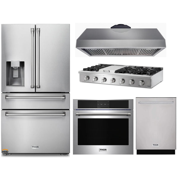 Thor Kitchen 5-Piece Pro Appliance Package - 48-Inch Rangetop with Liquid Propane Kit, Wall Oven, Under Cabinet 16.54" Tall Hood, Dishwasher & Refrigerator with Water Dispenser in Stainless Steel
