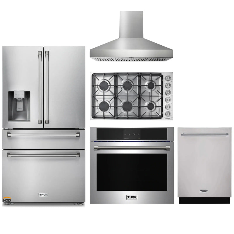 Thor Kitchen 5-Piece Pro Appliance Package - 36" Cooktop, Wall Oven, Pro-Style Wall Mount Hood, Dishwasher & Refrigerator with Water Dispenser in Stainless Steel
