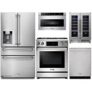 Thor Kitchen 5-Piece Appliance Package - 30-Inch Gas Range with Liquid Propane Kit, Tilt Panel, Refrigerator with Water Dispenser, Dishwasher, Microwave Drawer, & Wine Cooler in Stainless Steel