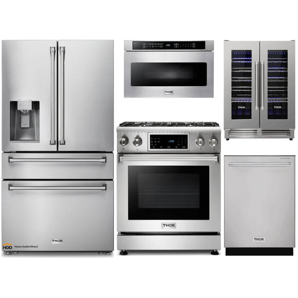 Thor Kitchen 5-Piece Appliance Package - 30-Inch Gas Range with Liquid Propane Kit, Tilt Panel, Refrigerator with Water Dispenser, Dishwasher, Microwave Drawer, & Wine Cooler in Stainless Steel