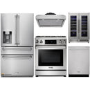 Thor Kitchen 5-Piece Appliance Package - 30-Inch Gas Range with Liquid Propane Kit, Tilt Panel, Refrigerator with Water Dispenser, Under Cabinet Hood, Dishwasher, & Wine Cooler in Stainless Steel