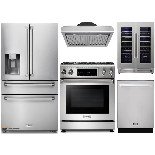 Thor Kitchen 5-Piece Appliance Package - 30-Inch Gas Range with Liquid Propane Kit, Tilt Panel, Refrigerator with Water Dispenser, Under Cabinet Hood, Dishwasher, & Wine Cooler in Stainless Steel
