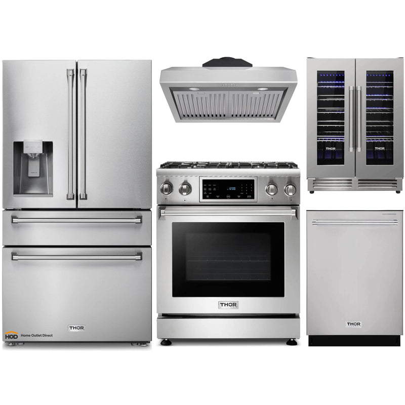 Thor Kitchen 5-Piece Appliance Package - 30-Inch Gas Range with Liquid Propane Kit, Tilt Panel, Refrigerator with Water Dispenser, Under Cabinet Hood, Dishwasher, & Wine Cooler in Stainless Steel