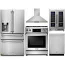 Thor Kitchen 5-Piece Appliance Package - 30-Inch Gas Range with Liquid Propane Kit, Tilt Panel, Refrigerator with Water Dispenser, Wall Mount Hood, Dishwasher, & Wine Cooler in Stainless Steel