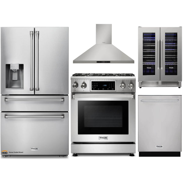 Thor Kitchen 5-Piece Appliance Package - 30-Inch Gas Range with Liquid Propane Kit, Tilt Panel, Refrigerator with Water Dispenser, Wall Mount Hood, Dishwasher, & Wine Cooler in Stainless Steel