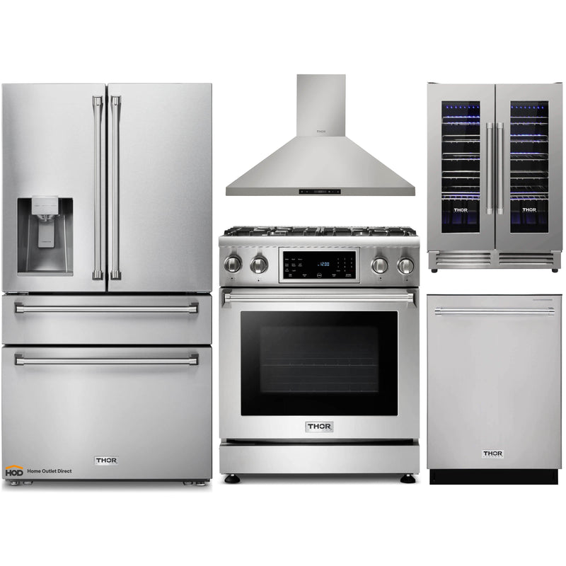 Thor Kitchen 5-Piece Appliance Package - 30-Inch Gas Range with Liquid Propane Kit, Tilt Panel, Refrigerator with Water Dispenser, Wall Mount Hood, Dishwasher, & Wine Cooler in Stainless Steel