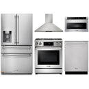 Thor Kitchen 5-Piece Appliance Package - 30-Inch Gas Range with Liquid Propane Kit, Tilt Panel, Refrigerator with Water Dispenser, Wall Mount Hood, Dishwasher, & Microwave Drawer in Stainless Steel