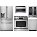 Thor Kitchen 5-Piece Appliance Package - 36-Inch Gas Range with Liquid Propane Kit, Tilt Panel, Refrigerator with Water Dispenser, Dishwasher, Microwave Drawer, & Wine Cooler in Stainless Steel