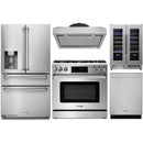 Thor Kitchen 5-Piece Appliance Package - 36-Inch Gas Range with Liquid Propane Kit, Tilt Panel, Refrigerator with Water Dispenser, Under Cabinet Hood, Dishwasher, & Wine Cooler in Stainless Steel