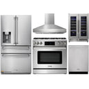 Thor Kitchen 5-Piece Appliance Package - 36-Inch Gas Range with Liquid Propane Kit, Tilt Panel, Refrigerator with Water Dispenser, Pro-Style Wall Mount Hood, Dishwasher, & Wine Cooler in Stainless Steel