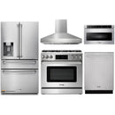Thor Kitchen 5-Piece Appliance Package - 36-Inch Gas Range with Liquid Propane Kit, Tilt Panel, Refrigerator with Water Dispenser, Pro-Style Wall Mount Hood, Dishwasher, & Microwave Drawer in Stainless Steel