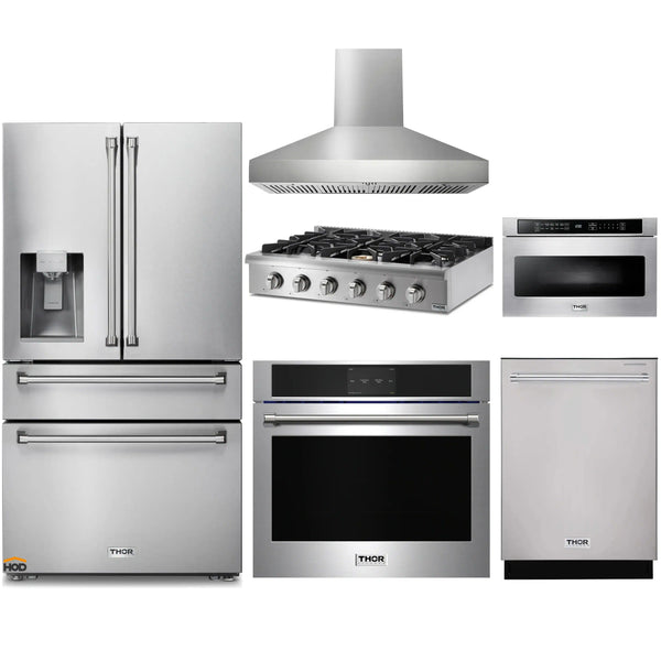 Thor Kitchen 6-Piece Pro Appliance Package - 36-Inch Rangetop with Liquid Propane Kit, Wall Oven, Pro -Style Wall Mount Hood, Refrigerator with Water Dispenser, Dishwasher, & Microwave in Stainless Steel