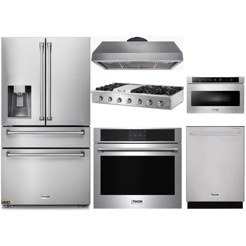 Thor Kitchen 6-Piece Appliance Package - 48-Inch Gas Range with Liquid Propane Kit, Wall Oven, Under Cabinet 16.54" Tall Hood, Refrigerator with Water Dispenser, Dishwasher, Microwave Drawer, & Wine Cooler in Stainless Steel