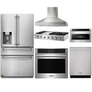Thor Kitchen 6-Piece Appliance Package - 48-Inch Rangetop with Liquid Propane Kit, Wall Oven, Pro Wall Mount Hood, Refrigerator with Water Dispenser, Dishwasher, Microwave Drawer, & Wine Cooler in Stainless Steel