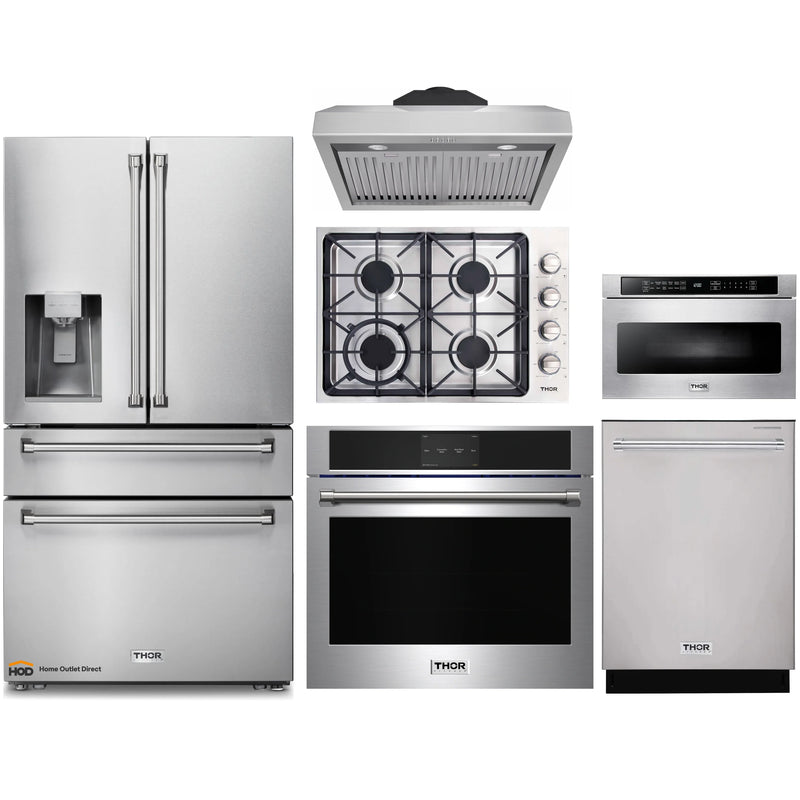 Thor Kitchen 6-Piece Pro Appliance Package - 30" Cooktop, Wall Oven, Under Cabinet Hood, Refrigerator with Water Dispenser, Dishwasher, & Microwave Drawer in Stainless Steel