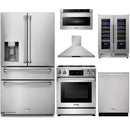 Thor Kitchen 6-Piece Appliance Package - 30-Inch Gas Range with Liquid Propane Kit, Tilt Panel, Refrigerator with Water Dispenser, Wall Mount Hood, Dishwasher, Microwave Drawer, & Wine Cooler in Stainless Steel