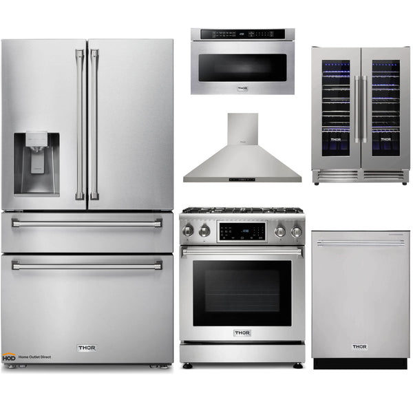Thor Kitchen 6-Piece Appliance Package - 30-Inch Gas Range with Liquid Propane Kit, Tilt Panel, Refrigerator with Water Dispenser, Wall Mount Hood, Dishwasher, Microwave Drawer, & Wine Cooler in Stainless Steel