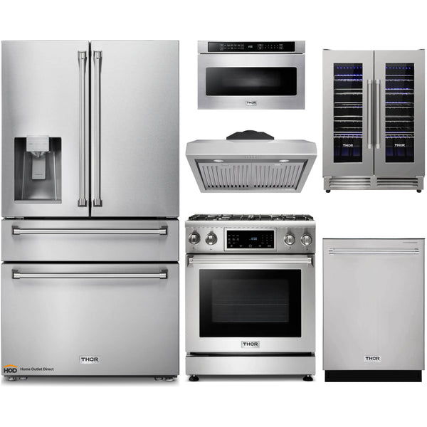 Thor Kitchen 6-Piece Appliance Package - 30-Inch Gas Range with Liquid Propane Kit, Tilt Panel, Refrigerator with Water Dispenser, Under Cabinet Hood, Dishwasher, Microwave Drawer, & Wine Cooler in Stainless Steel