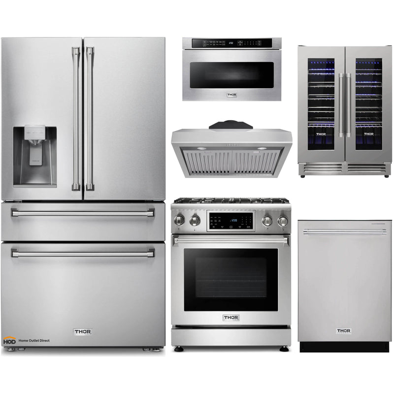 Thor Kitchen 6-Piece Appliance Package - 30-Inch Gas Range with Liquid Propane Kit, Tilt Panel, Refrigerator with Water Dispenser, Under Cabinet Hood, Dishwasher, Microwave Drawer, & Wine Cooler in Stainless Steel