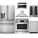 Thor Kitchen 6-Piece Appliance Package - 36-Inch Gas Range with Liquid Propane Kit, Tilt Panel, Refrigerator with Water Dispenser, Wall Mount Hood, Dishwasher, Microwave Drawer, & Wine Cooler in Stainless Steel