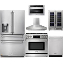 Thor Kitchen 6-Piece Appliance Package - 36-Inch Gas Range with Liquid Propane Kit, Tilt Panel, Refrigerator with Water Dispenser, Pro-Style Wall Mount Hood, Dishwasher, Microwave Drawer, & Wine Cooler in Stainless Steel