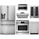 Thor Kitchen 6-Piece Appliance Package - 36-Inch Gas Range with Liquid Propane Kit, Tilt Panel, Refrigerator with Water Dispenser, Under Cabinet Hood, Dishwasher, Microwave Drawer, & Wine Cooler in Stainless Steel