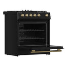 Forno 4-Piece Appliance Package - 30-Inch Espresso Gas Range , Wall Mount Range Hood, 36-Inch French Door Refrigerator, and Dishwasher in Black with Antique Brass Handle