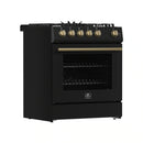 Forno 4-Piece Appliance Package - 30-Inch Espresso Gas Range , Wall Mount Range Hood, 60-Inch Built-In Convertible Refrigerator, and Dishwasher in Black with Antique Brass Handle