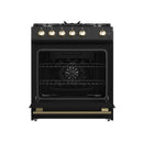 Forno 4-Piece Appliance Package - 30-Inch Espresso Gas Range , Wall Mount Range Hood, 36-Inch French Door Refrigerator, and Dishwasher in Black with Antique Brass Handle