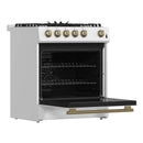 Forno 4-Piece Appliance Package - 30-Inch Espresso Gas Range , Wall Mount Range Hood, 60-Inch Built-In Convertible Refrigerator, and Dishwasher in White with Antique Brass Handle