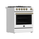 Forno 4-Piece Appliance Package - 30-Inch Espresso Gas Range , Wall Mount Range Hood, 36-Inch French Door Refrigerator, and Dishwasher in White with Antique Brass Handle